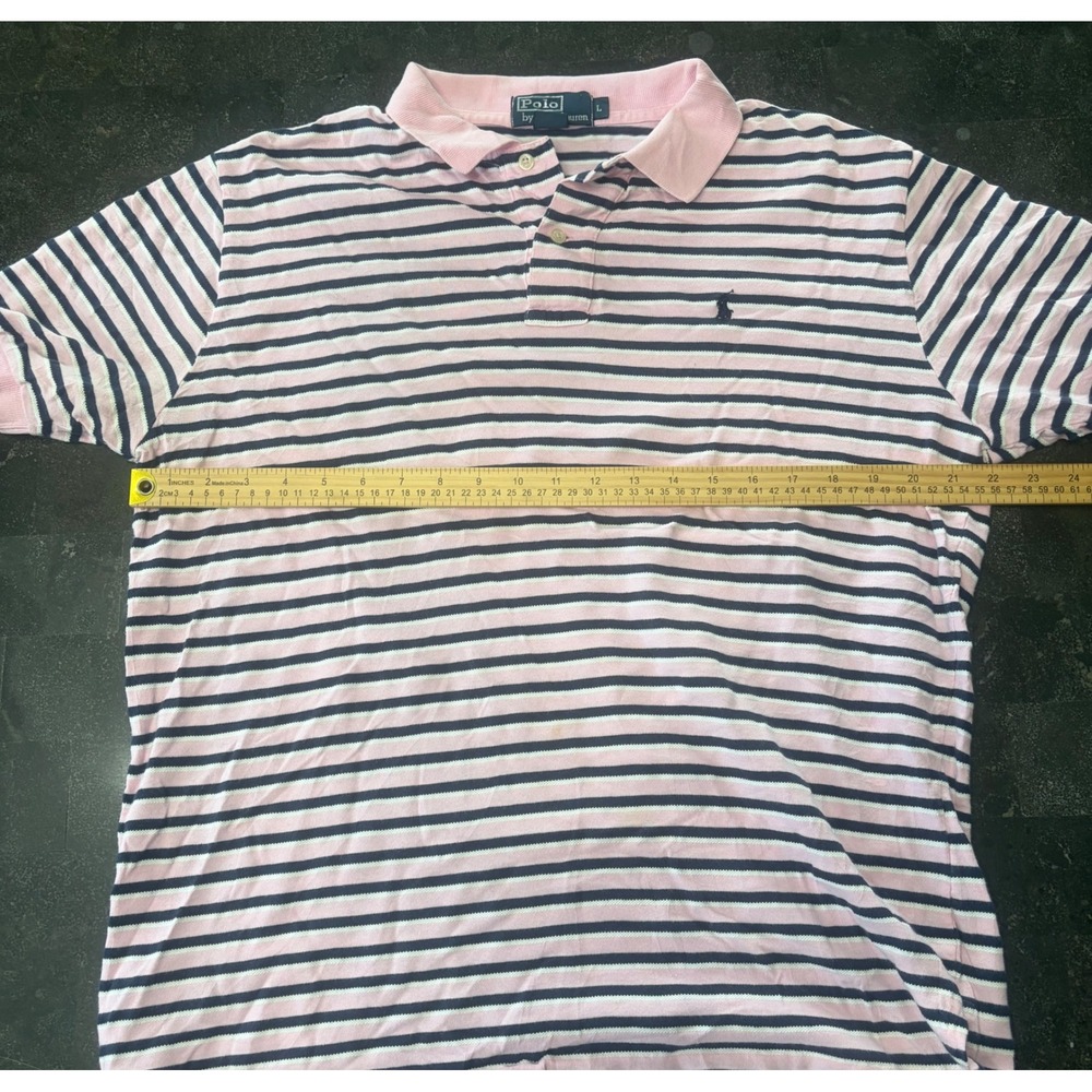Polo Ralph Lauren Men L Pink Navy Blue Striped Short Sleeve Polo Shirt Cotton - Picture 9 of 9